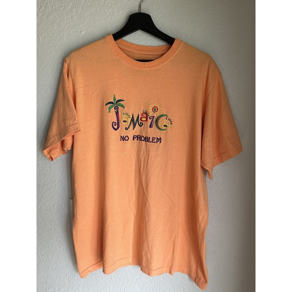 Jamaica No Problem Embroidered Orange Vacation Beach Shirt Men's XL VTG Vintage